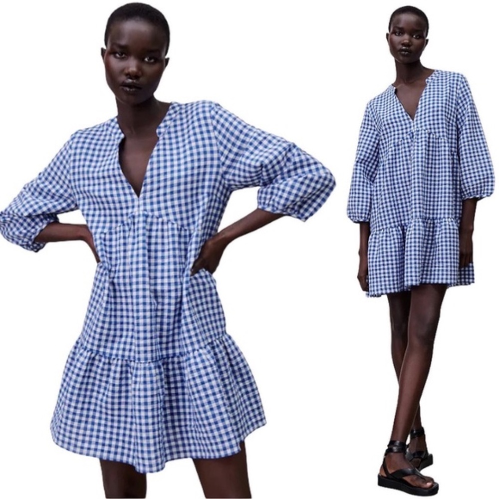 Zara Gingham Mini Tiered Dress - Blue and White - Size Large